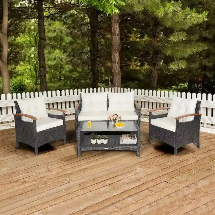 4 Pieces Patio Rattan Furniture Set with Cushioned Sofa and Storage Table - 46.5  x 23.5  x 30  (L x W x H)