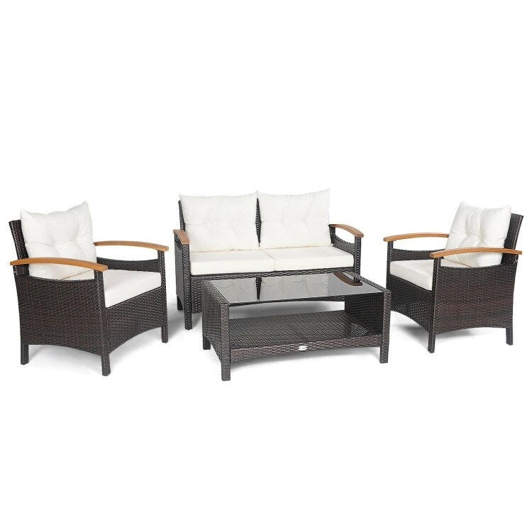 4 Pieces Patio Rattan Furniture Set with Cushioned Sofa and Storage Table - 46.5  x 23.5  x 30  (L x W x H)