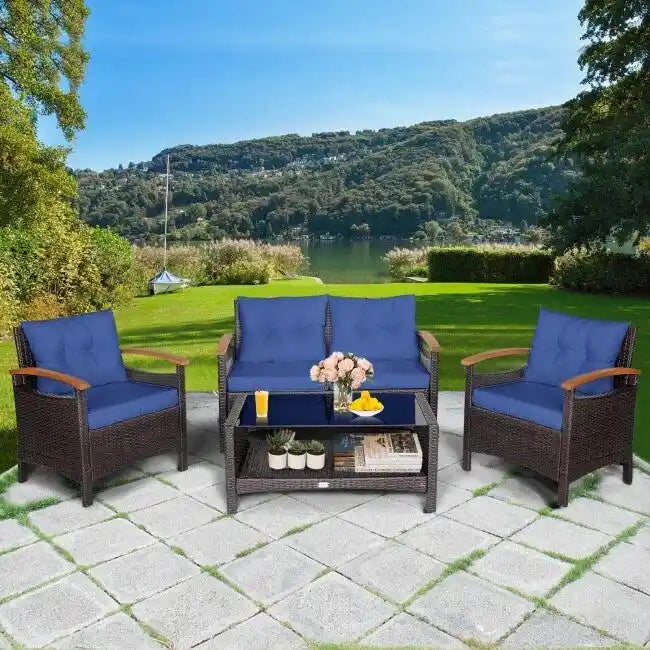 4 Pieces Patio Rattan Furniture Set with Cushioned Sofa and Storage Table - 46.5  x 23.5  x 30  (L x W x H)