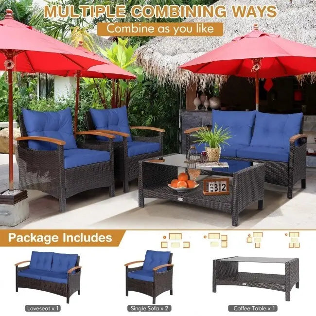 4 Pieces Patio Rattan Furniture Set with Cushioned Sofa and Storage Table - 46.5  x 23.5  x 30  (L x W x H)