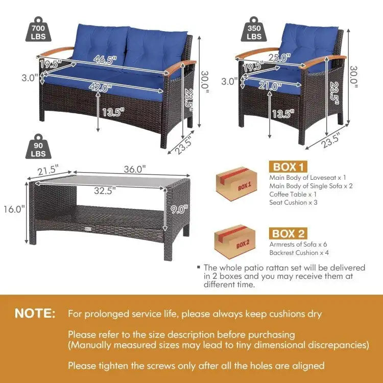 4 Pieces Patio Rattan Furniture Set with Cushioned Sofa and Storage Table - 46.5  x 23.5  x 30  (L x W x H)