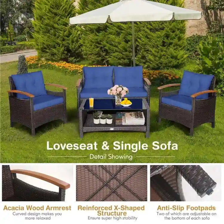 4 Pieces Patio Rattan Furniture Set with Cushioned Sofa and Storage Table - 46.5  x 23.5  x 30  (L x W x H)