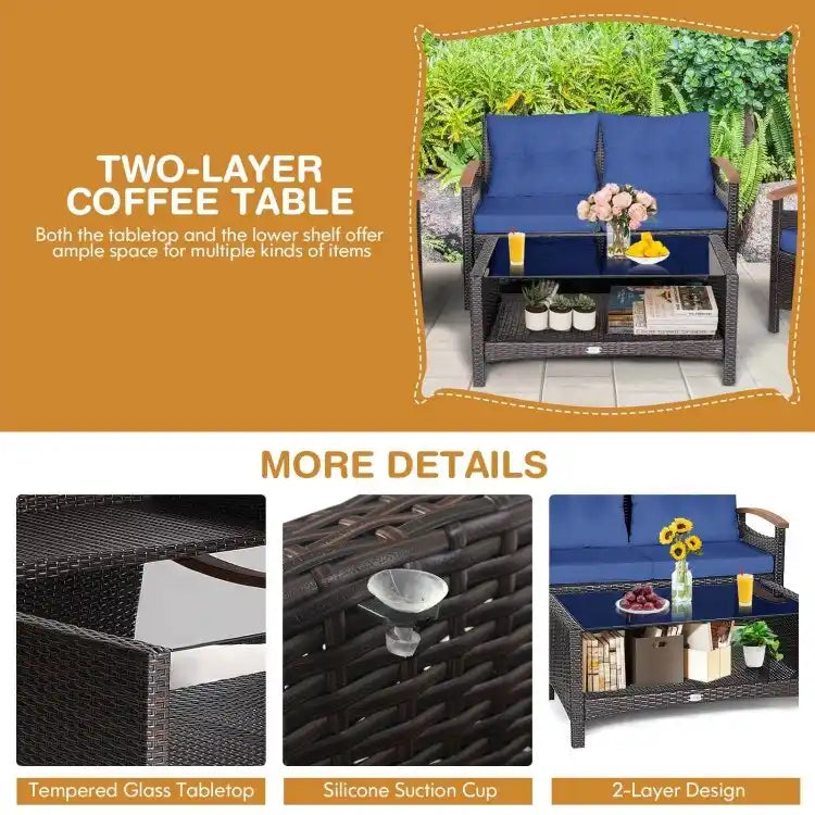 4 Pieces Patio Rattan Furniture Set with Cushioned Sofa and Storage Table - 46.5  x 23.5  x 30  (L x W x H)