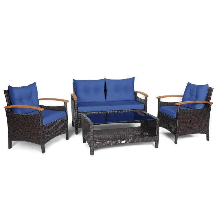 4 Pieces Patio Rattan Furniture Set with Cushioned Sofa and Storage Table - 46.5  x 23.5  x 30  (L x W x H)
