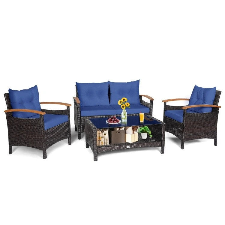 4 Pieces Patio Rattan Furniture Set with Cushioned Sofa and Storage Table - 46.5  x 23.5  x 30  (L x W x H)