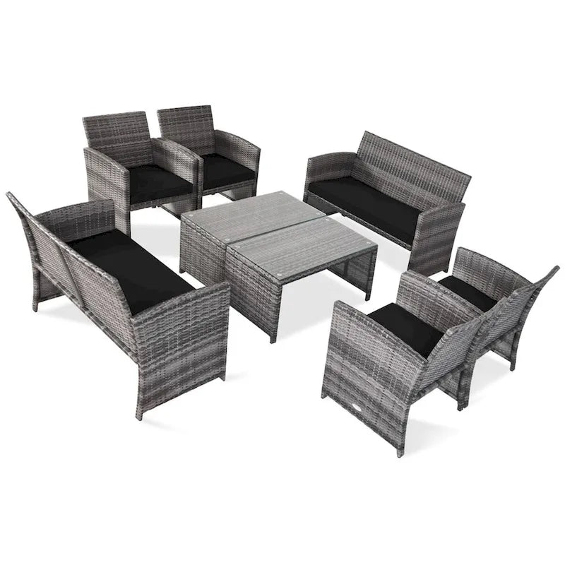 Gymax 8PCS Patio Outdoor Rattan Conversation Furniture Set w/ Black