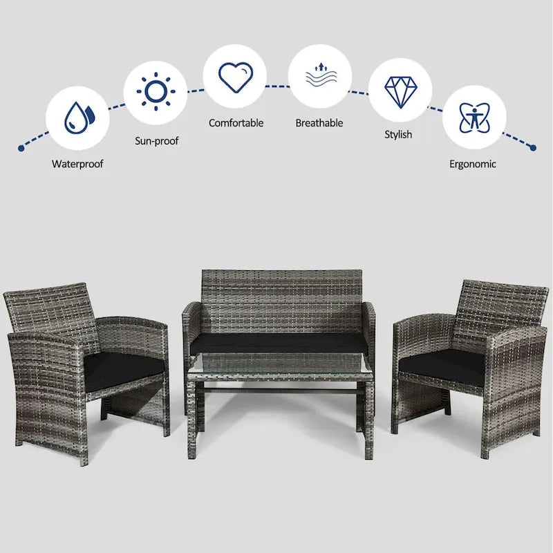 Gymax 8PCS Patio Outdoor Rattan Conversation Furniture Set w/ Black