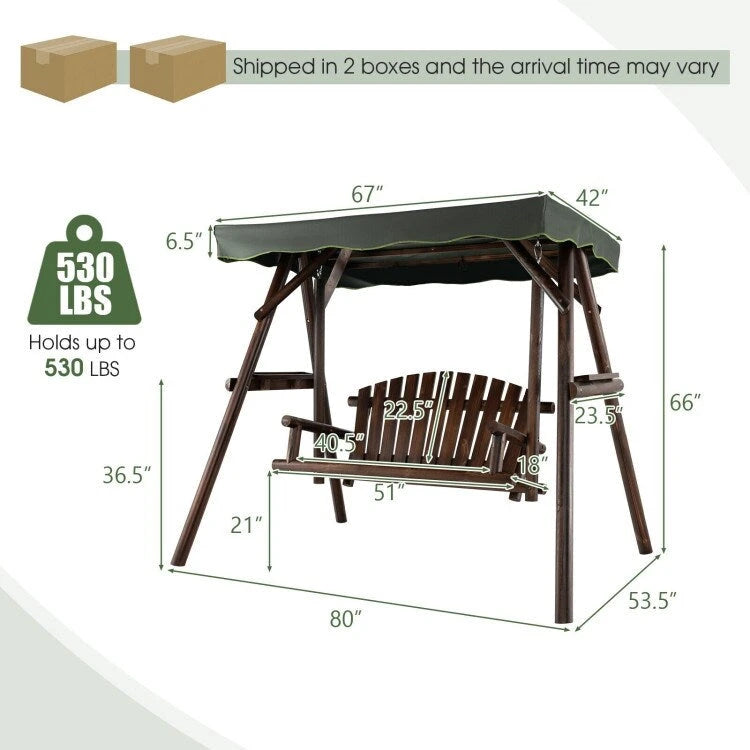 2-Person Outdoor Wooden Porch Swing with an Adjustable Canopy - 80  x 53.5  x 66  (L X W X H)