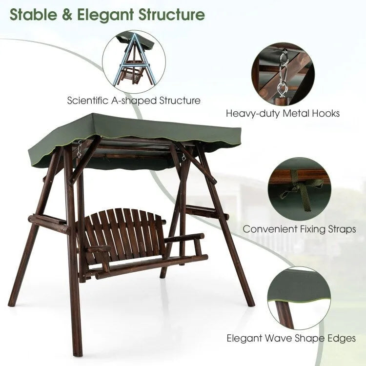 2-Person Outdoor Wooden Porch Swing with an Adjustable Canopy - 80  x 53.5  x 66  (L X W X H)