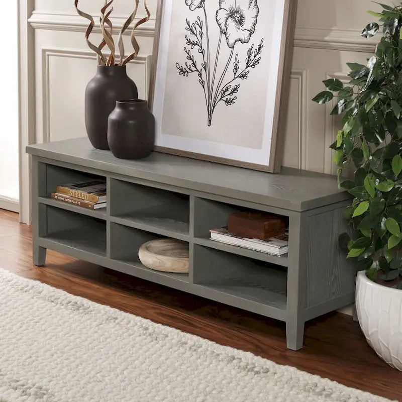 Low Media Stand with 6 Drawers - Ash Grey, White, and Oak