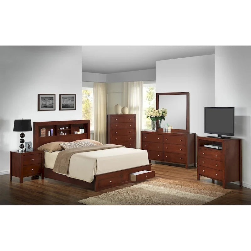 King Storage Platform Bed with Built-in Shelves and 2 Footboard Drawers - Black and Cherry