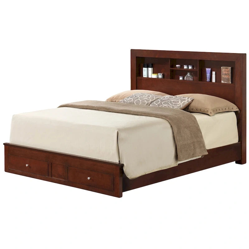 King Storage Platform Bed with Built-in Shelves and 2 Footboard Drawers - Black and Cherry