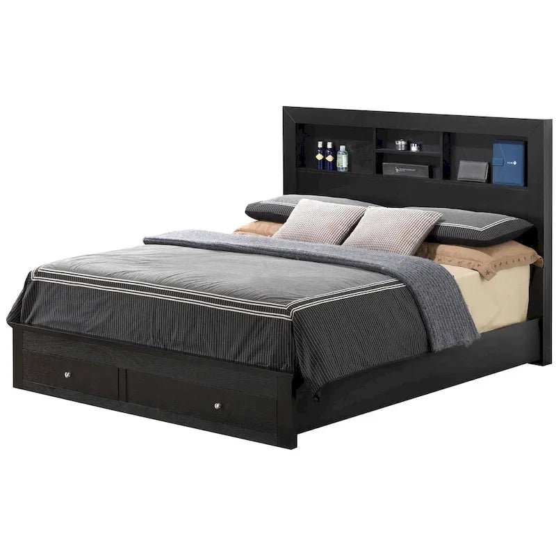 King Storage Platform Bed with Built-in Shelves and 2 Footboard Drawers - Black and Cherry