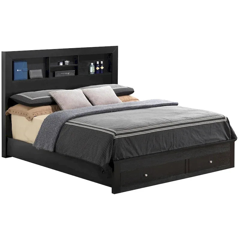 King Storage Platform Bed with Built-in Shelves and 2 Footboard Drawers - Black and Cherry