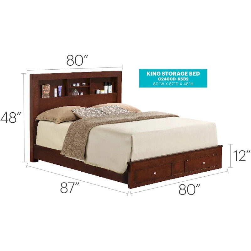 King Storage Platform Bed with Built-in Shelves and 2 Footboard Drawers - Black and Cherry