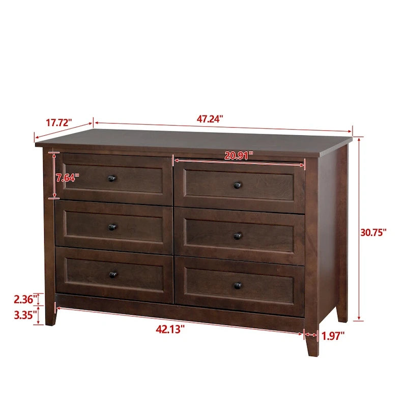 6-Drawer Dresser Storage Cabinet with Retro Round Handles - Auburn and White