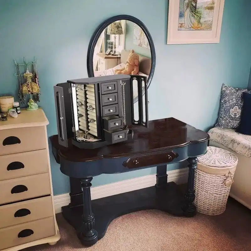 Wooden Jewelry Box with Mirror and 5 Drawers - Black, Brown, and White