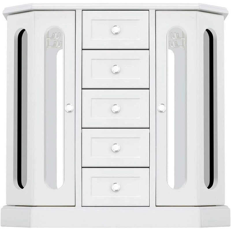 Wooden Jewelry Box with Mirror and 5 Drawers - Black, Brown, and White