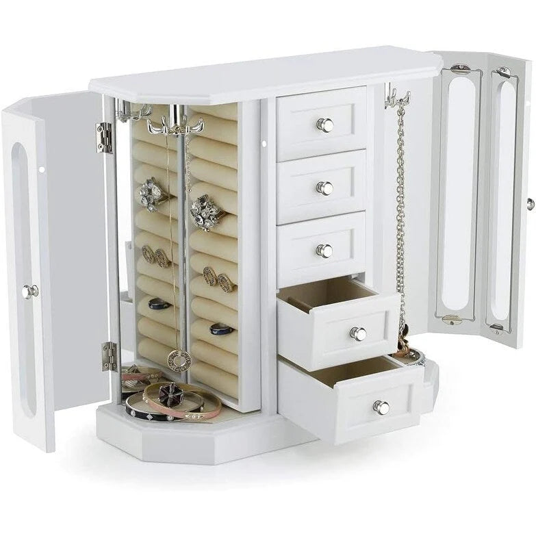 Wooden Jewelry Box with Mirror and 5 Drawers - Black, Brown, and White