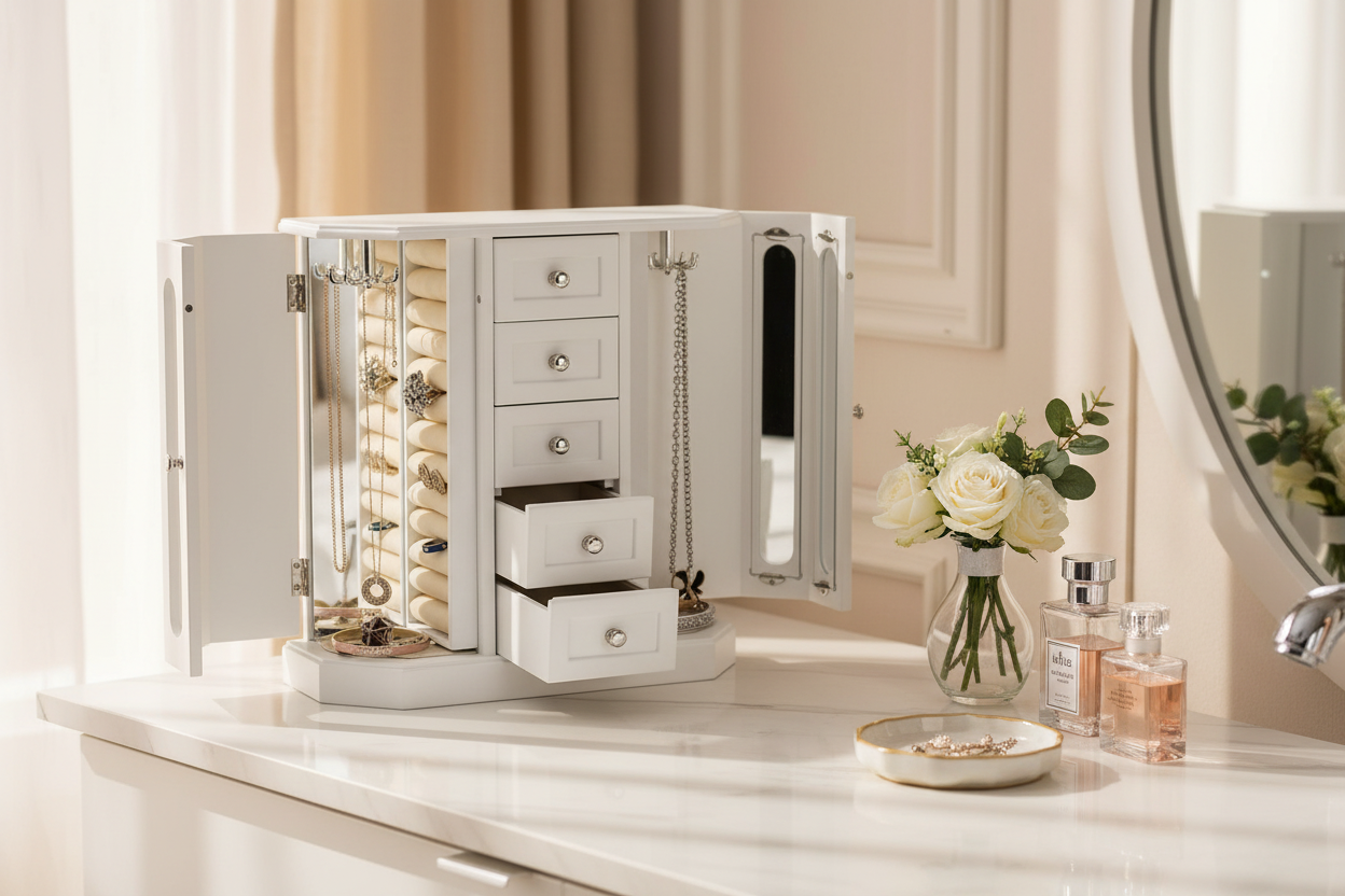 Wooden Jewelry Box with Mirror and 5 Drawers - Black, Brown, and White