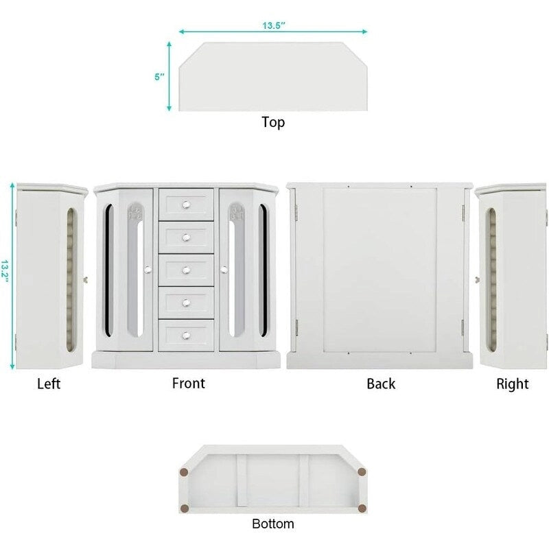 Wooden Jewelry Box with Mirror and 5 Drawers - Black, Brown, and White