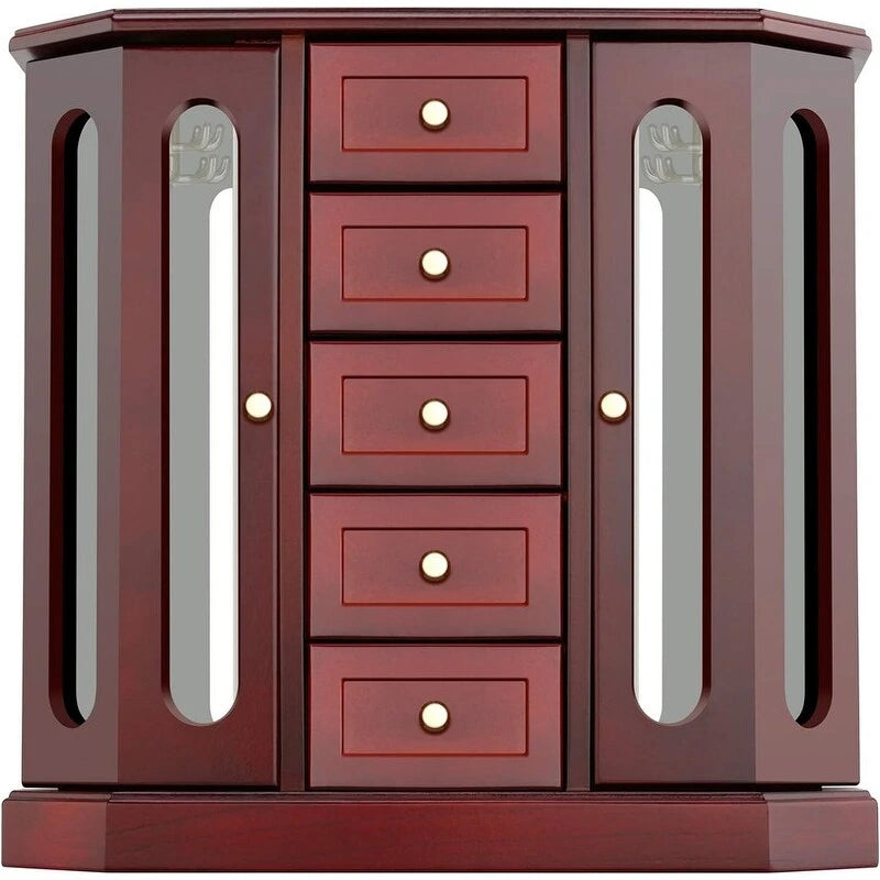 Wooden Jewelry Box with Mirror and 5 Drawers - Black, Brown, and White