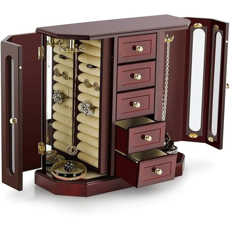 Wooden Jewelry Box with Mirror and 5 Drawers - Black, Brown, and White
