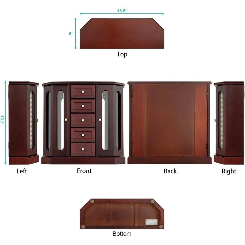 Wooden Jewelry Box with Mirror and 5 Drawers - Black, Brown, and White