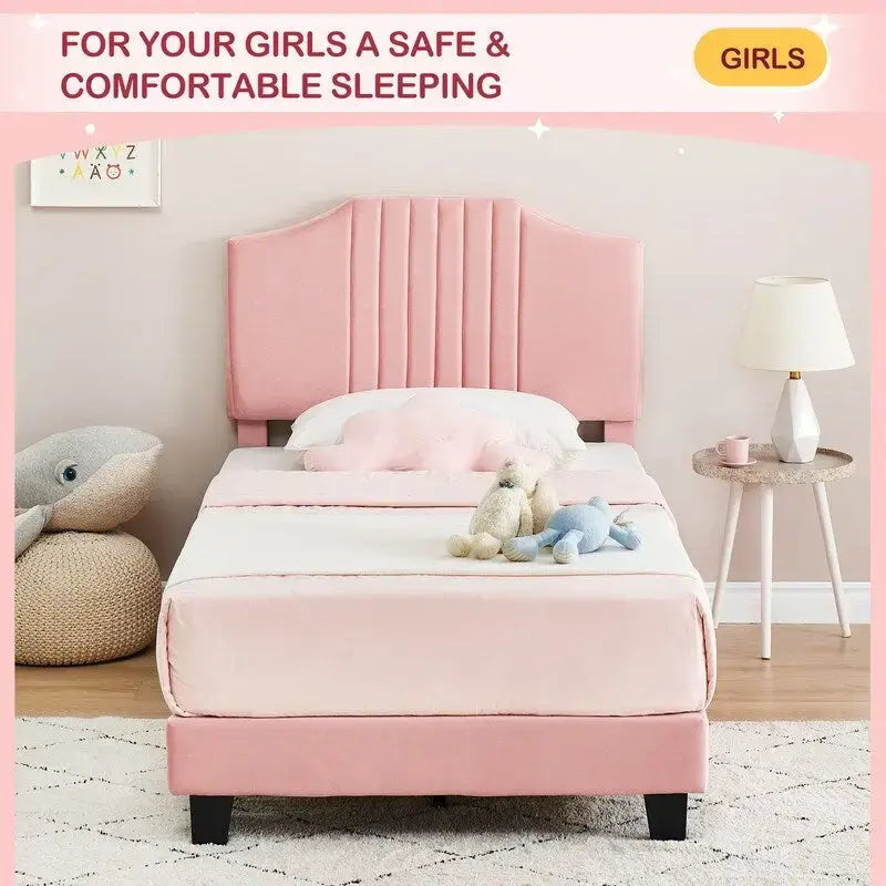 Twin Upholstered Platform Bed Frame with Padded Headboard - Pink and Grey
