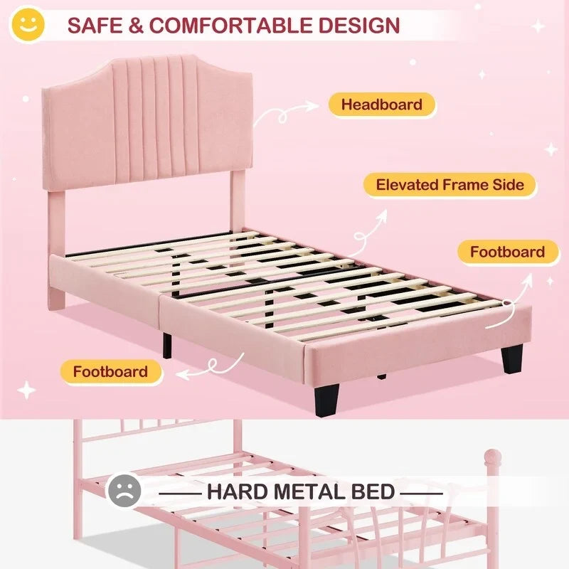 Twin Upholstered Platform Bed Frame with Padded Headboard - Pink and Grey