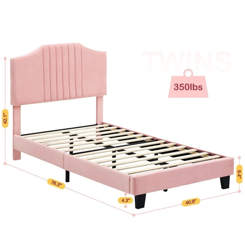 Twin Upholstered Platform Bed Frame with Padded Headboard - Pink and Grey