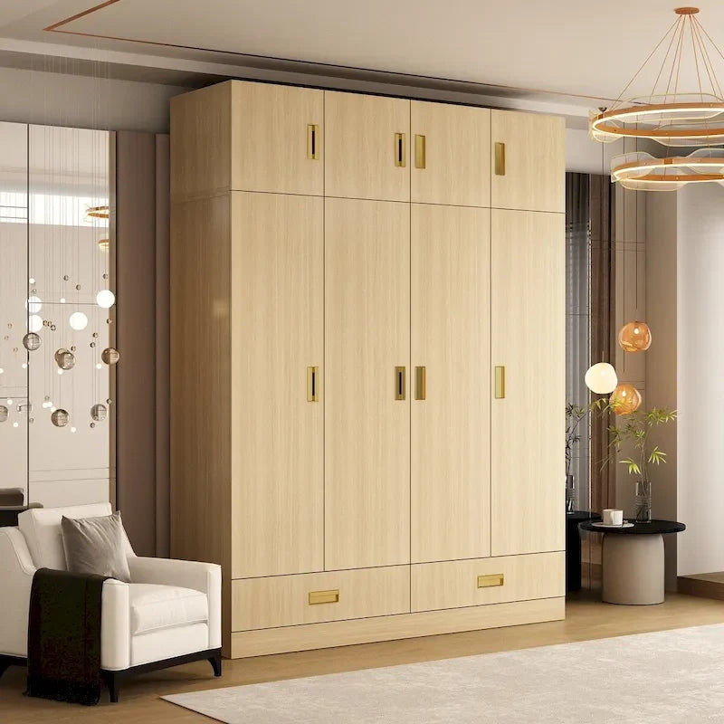 Wooden Wardrobe Closet Cabinet with Gold Handles - Natural Wood