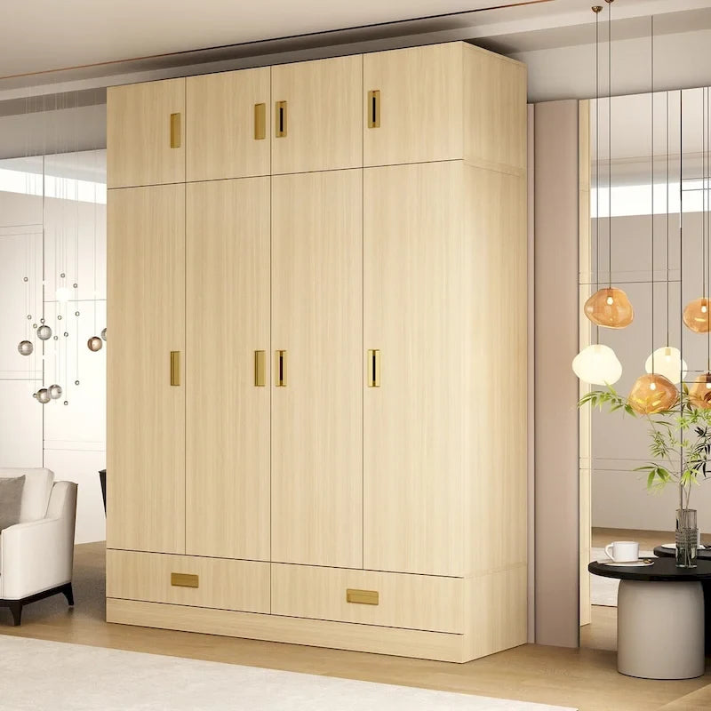 Wardrobe Closet Cabinet with Gold Handles and Optional Top Cabinet
