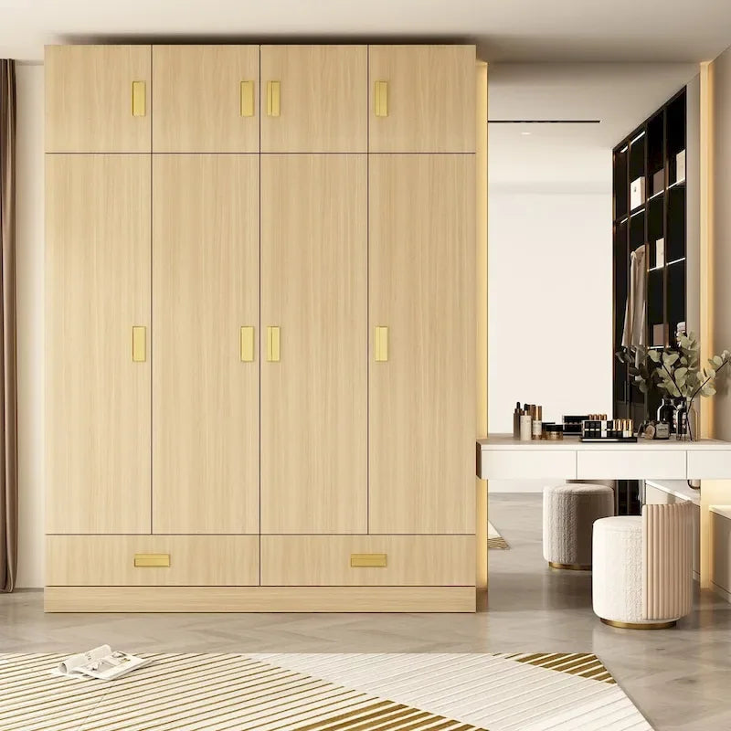 Wooden Wardrobe Closet Cabinet with Gold Handles - Natural Wood