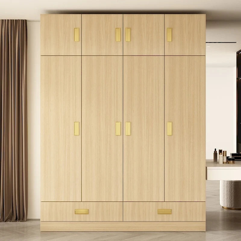 Wooden Wardrobe Closet Cabinet with Gold Handles - Natural Wood