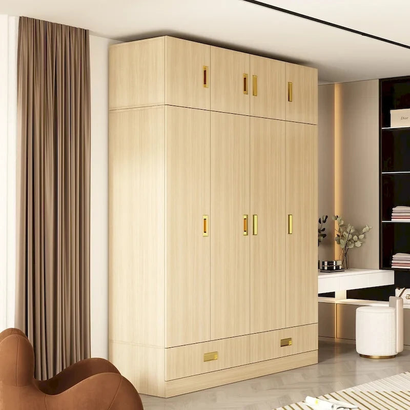 Wooden Wardrobe Closet Cabinet with Gold Handles - Natural Wood