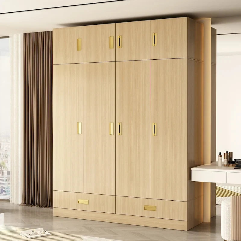 Wooden Wardrobe Closet Cabinet with Gold Handles - Natural Wood
