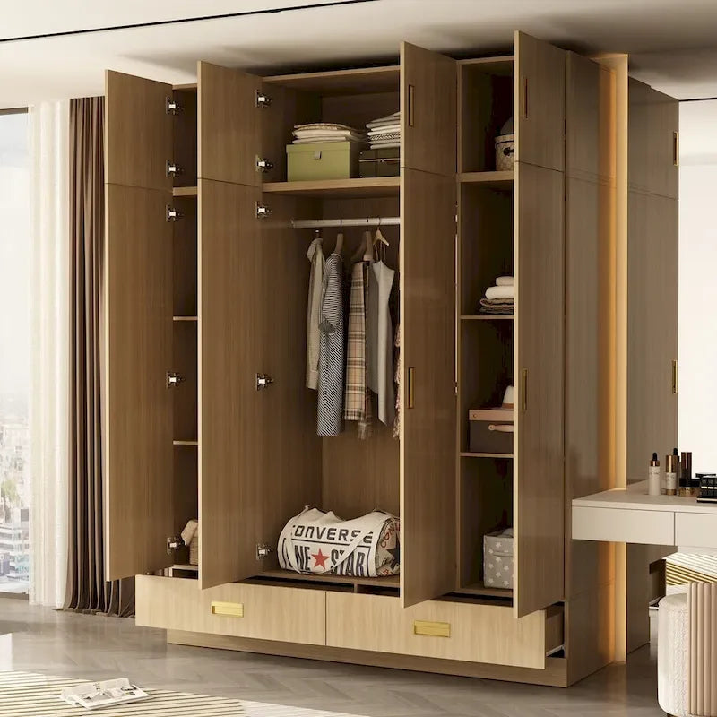 Wooden Wardrobe Closet Cabinet with Gold Handles - Natural Wood