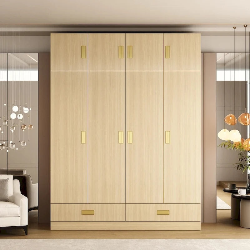 Wooden Wardrobe Closet Cabinet with Gold Handles - Natural Wood