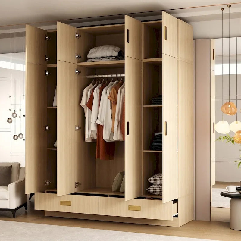 Wooden Wardrobe Closet Cabinet with Gold Handles - Natural Wood
