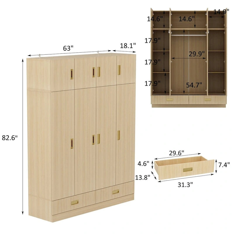 Wooden Wardrobe Closet Cabinet with Gold Handles - Natural Wood
