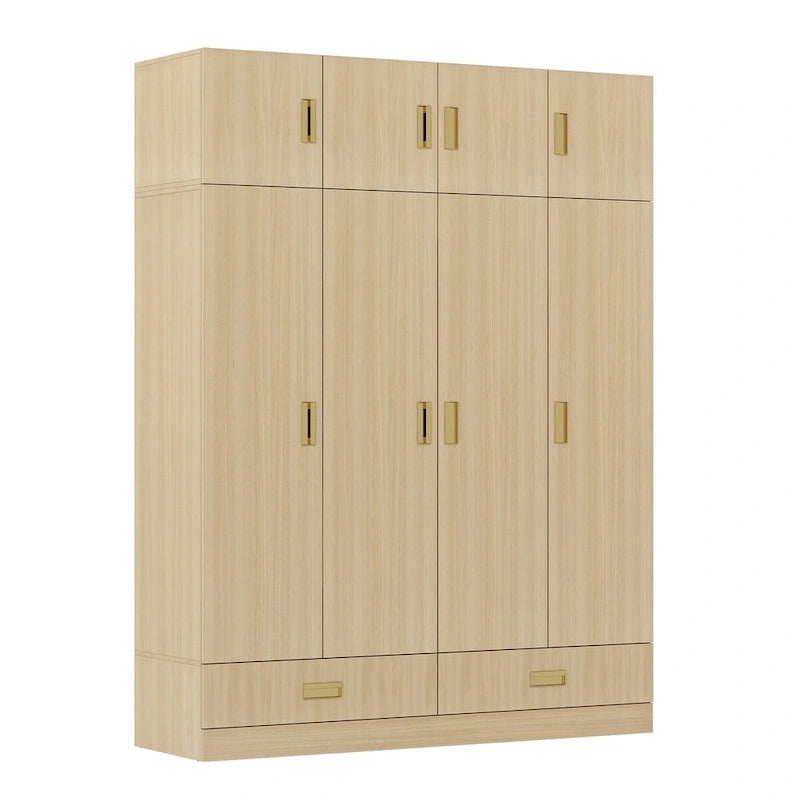 Wooden Wardrobe Closet Cabinet with Gold Handles - Natural Wood