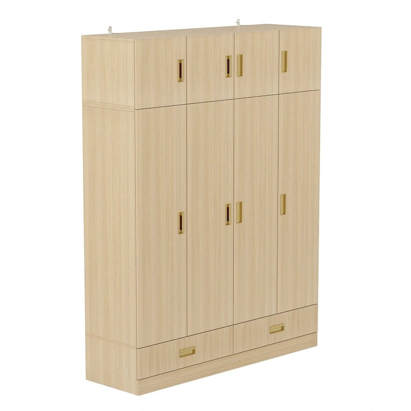 Wooden Wardrobe Closet Cabinet with Gold Handles - Natural Wood