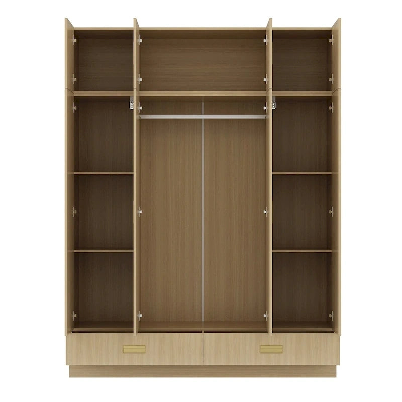 Wooden Wardrobe Closet Cabinet with Gold Handles - Natural Wood