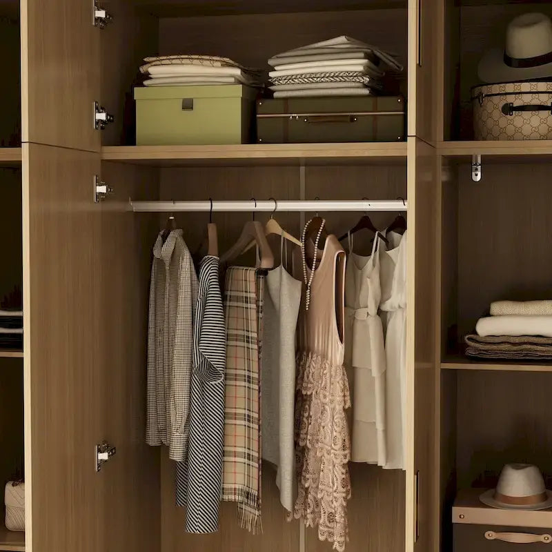 Wooden Wardrobe Closet Cabinet with Gold Handles - Natural Wood