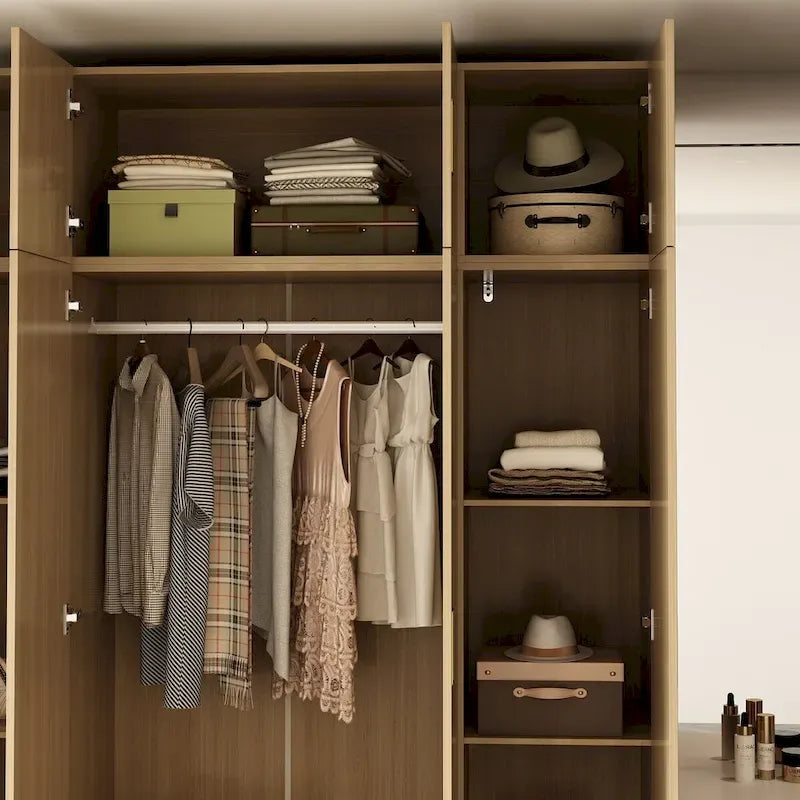 Wooden Wardrobe Closet Cabinet with Gold Handles - Natural Wood