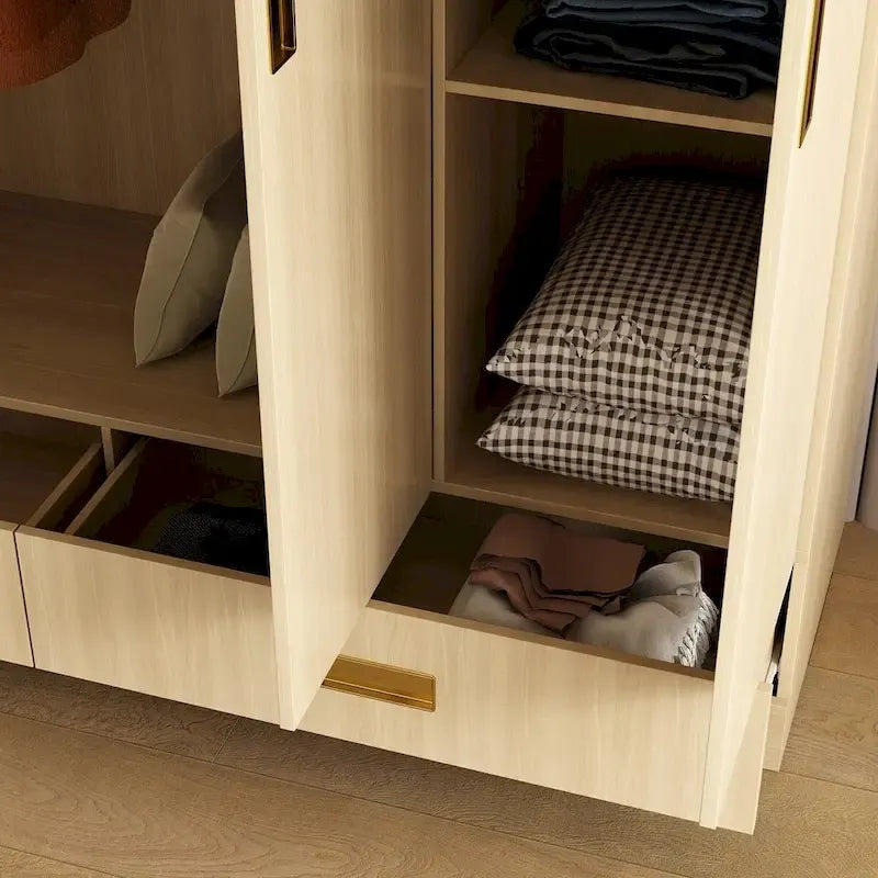 Wooden Wardrobe Closet Cabinet with Gold Handles - Natural Wood