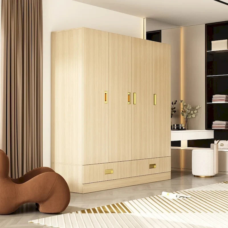Wooden Wardrobe Closet Cabinet with Gold Handles - Natural Wood