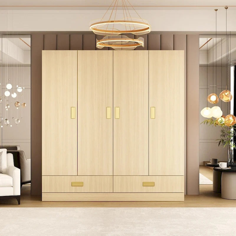 Wooden Wardrobe Closet Cabinet with Gold Handles - Natural Wood