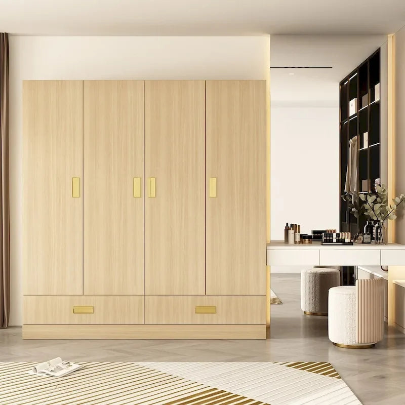 Wooden Wardrobe Closet Cabinet with Gold Handles - Natural Wood